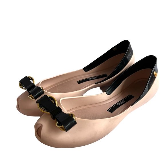Melissa Queen V Peep Toe Jelly Flats Pink Black - Picture 1 of 14